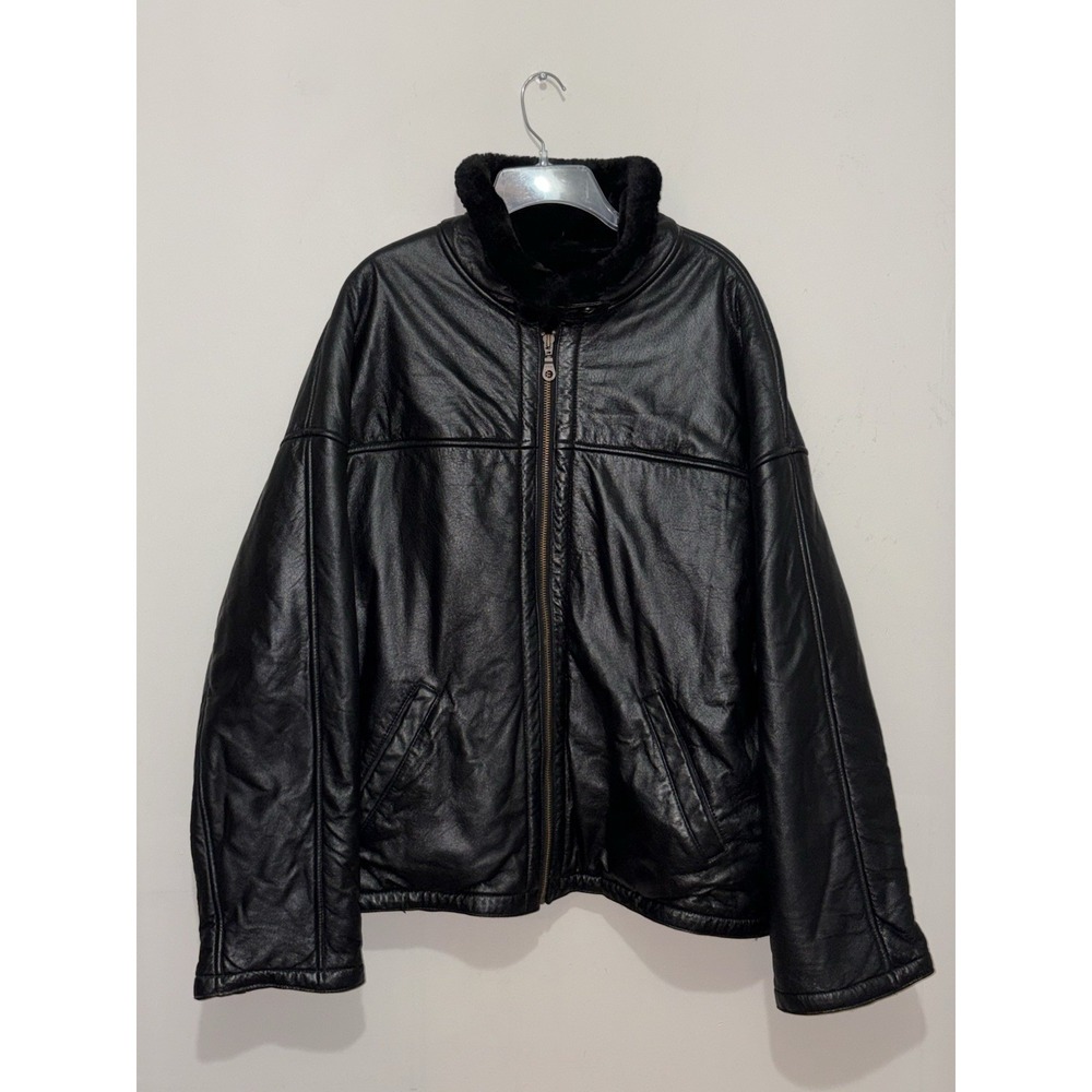 Wilsons‎ Adventure Bound Leather Jacket XL Black Faux Fur Lined Zip Vintage